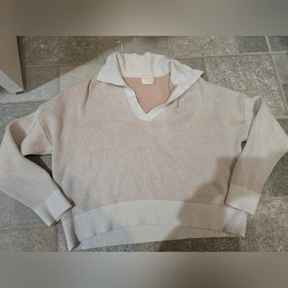 Dreamers By Debut Collar Tan And Cream Sweater Crop Ribbed Small Med Old Money - Picture 2 of 8